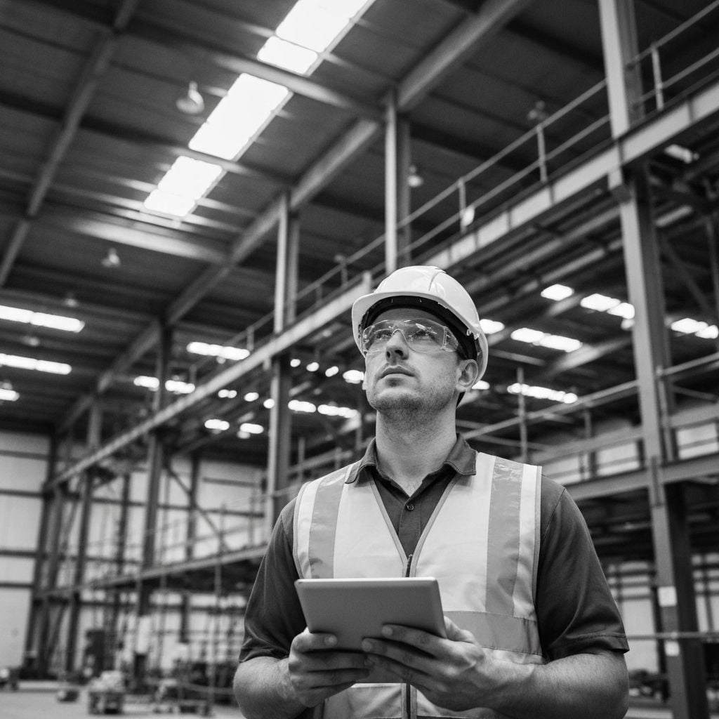 Construction worker with tablet looking upward